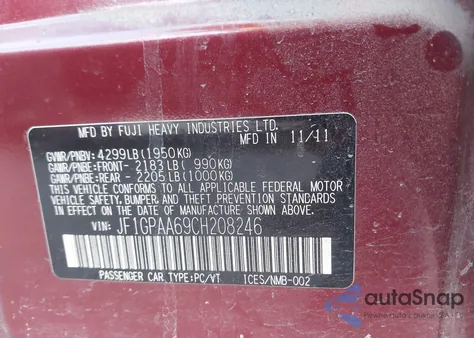 2012 Subaru Impreza 2.0I z USA, uszkodzony, nr VIN JF1GPAA69CH208246